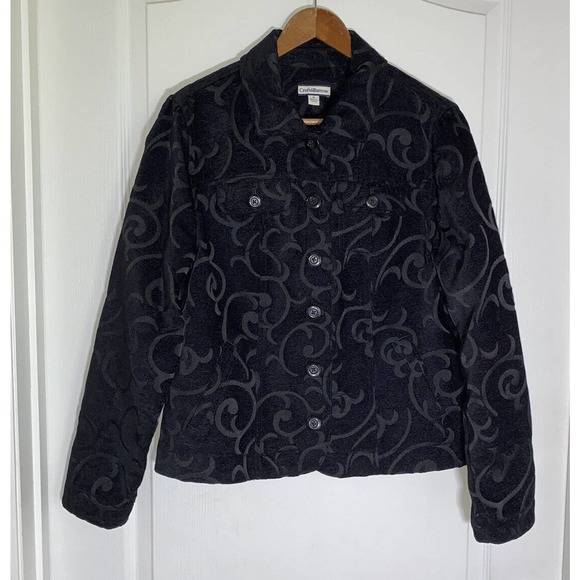 Croft & Barrow Floral Embossed Black Long Sleeve Velvet Jacket Size M Button Top - Picture 1 of 16